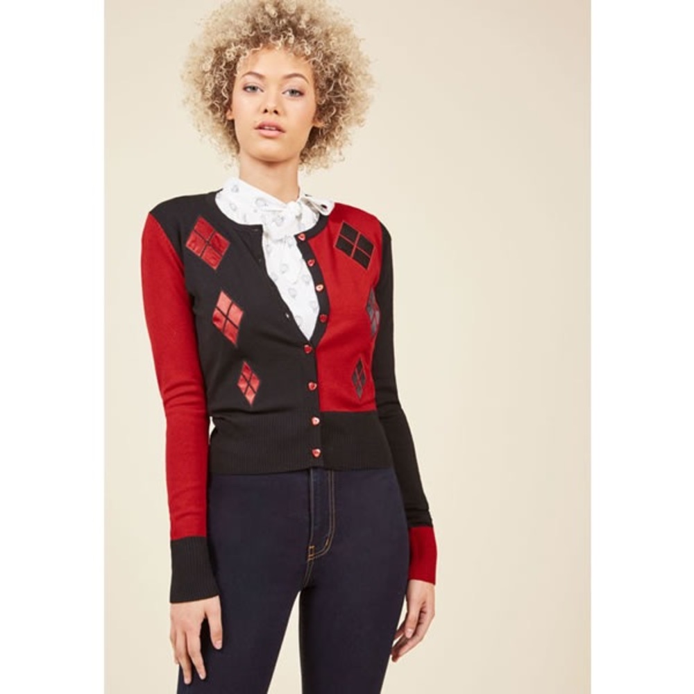 Banned Cardigan Black Red Harlequin Argyle Plus 4X